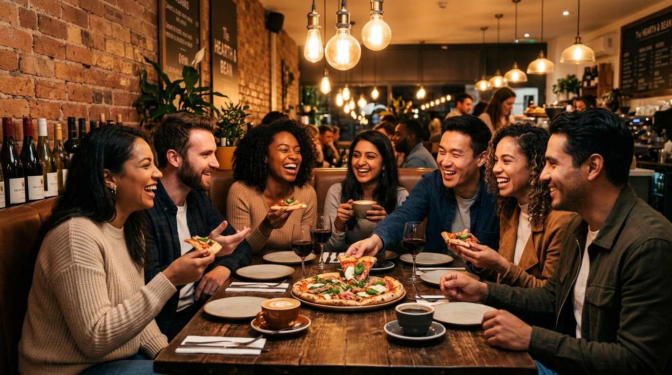 Friends enjoying artisan pizza and coffee at Cafe Beans